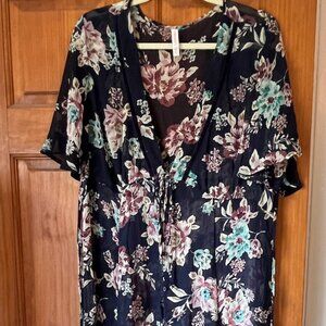 Xhiliration Navy Blue Floral Kimono Style Dress, Size XXL